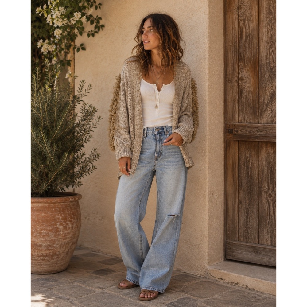 Anthropologie Oversized Fringe Cable Knit Cardigan Tan Marled One Size
